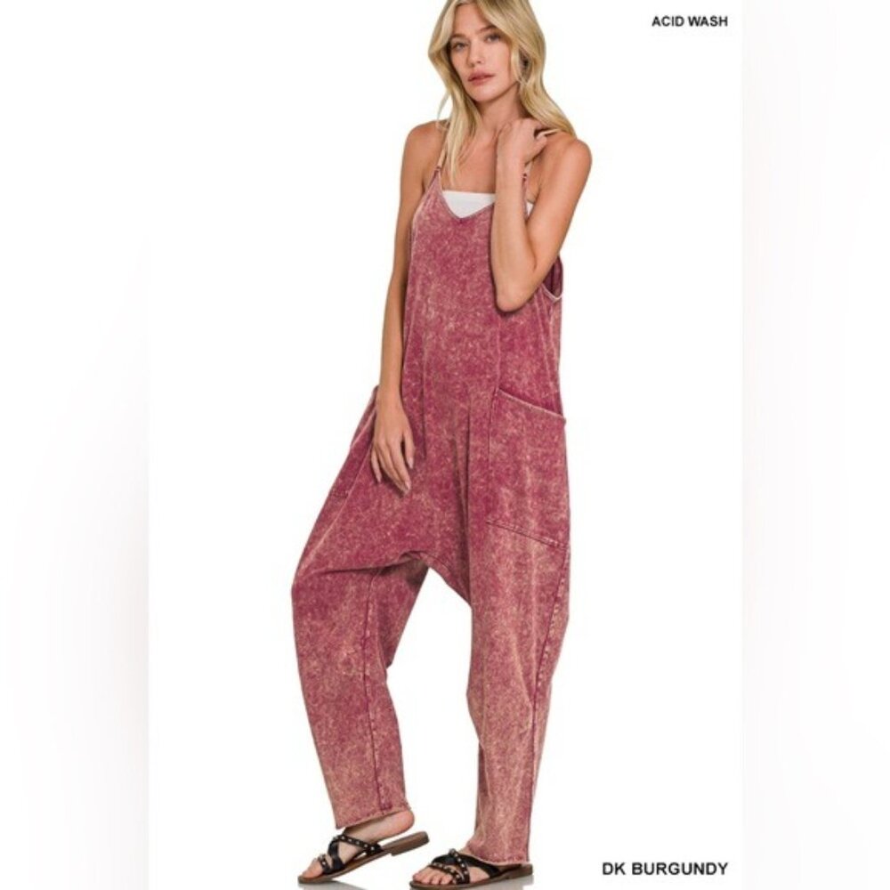 NEW ZENANA Burgundy Acid Wash Onesie Jumpsuit - Picture 6 of 8